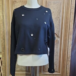 ALO Yoga Black Eyelet Crewneck Cropped Sweatshirt Dropped Shoulders.